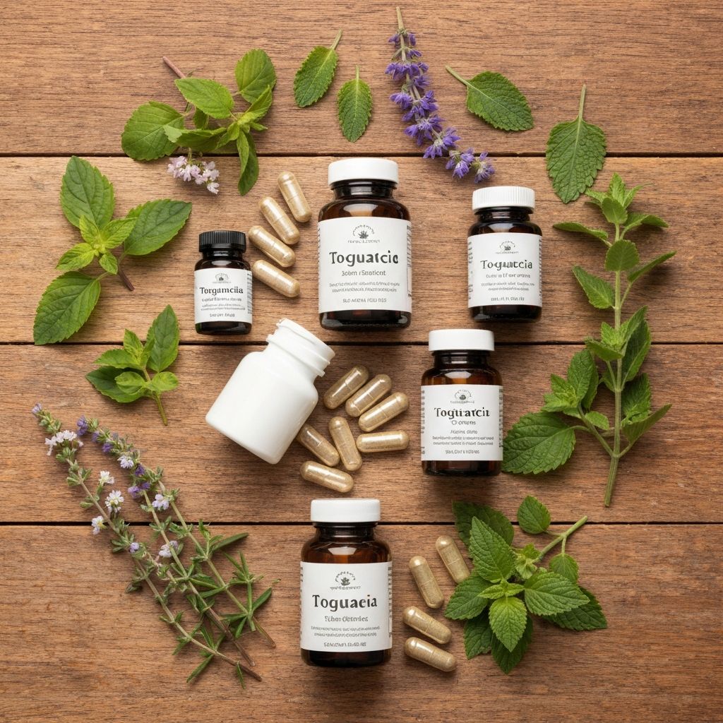 Natural supplement bottles and capsules with botanical arrangement